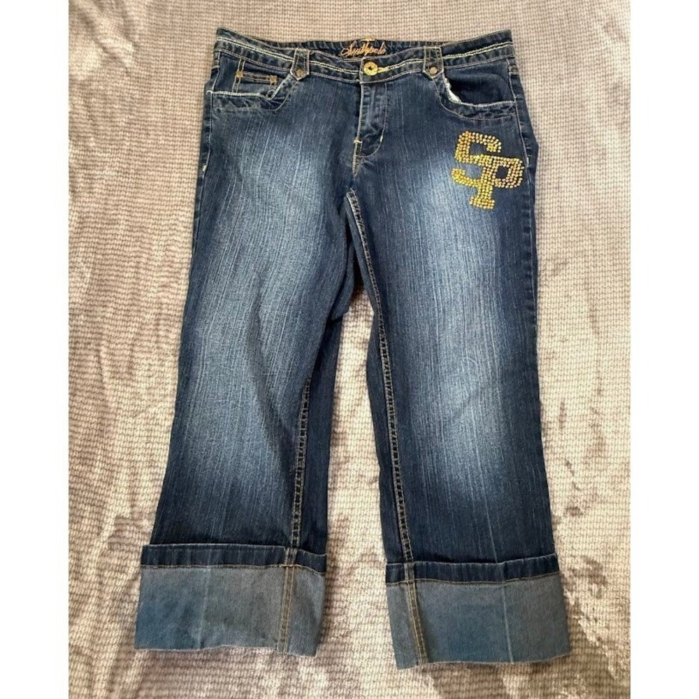 Southpole Womens Y2K 32x22 Capri Jeans Rhinestone Logo Dark Wash Size 11 Cropped